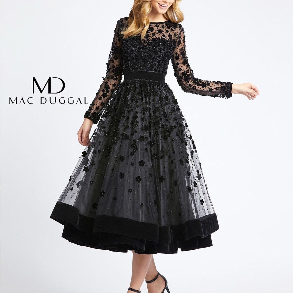 Mac Duggal Long Sleeve Black Floral Appliqué Dress